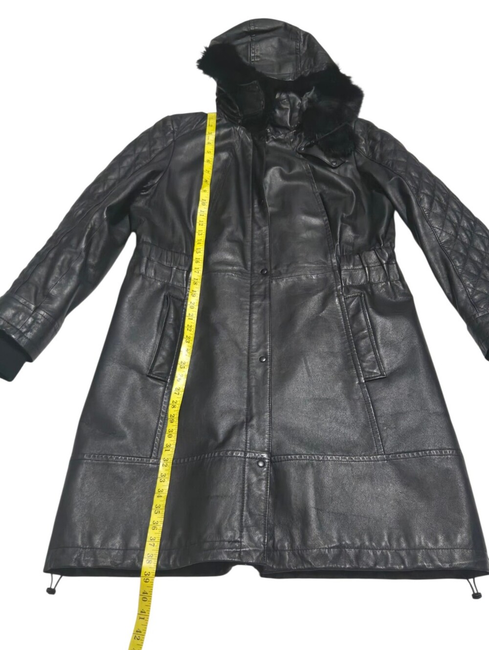 Danier Genuine Leather Coat Large Black Rabbit Fur Trim Quilted Sleeves - Picture 10 of 12